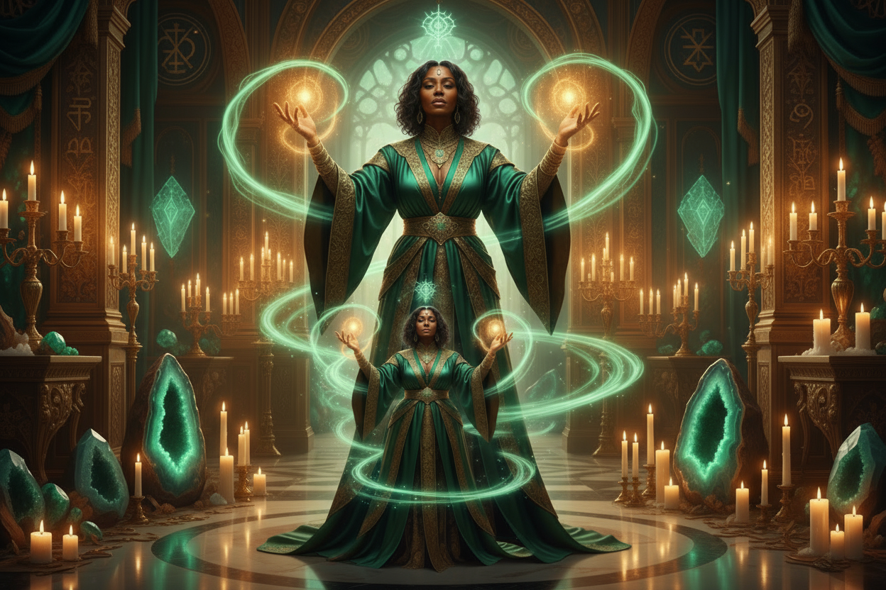 Black Spiritual Healer with Emerald and Gold Colors