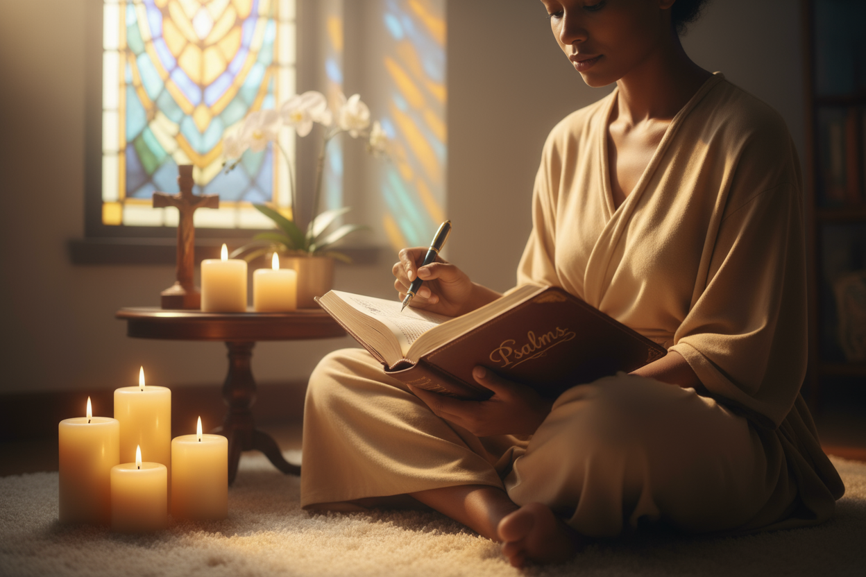 Psalms Prayer Journal with a brown person spiritually studying